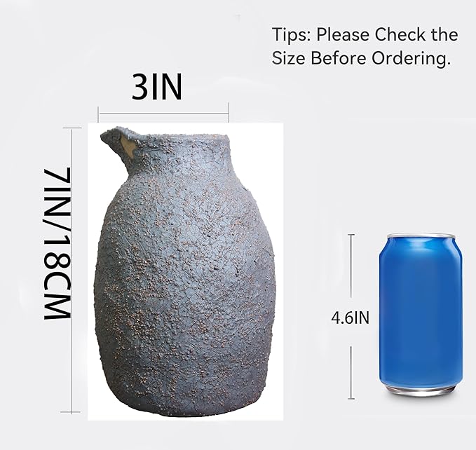7IN Rustic Ceramic Vase Vintage Farmhouse Style Decor, Kettle Clay Wabi Sabi Vases for Farmhouse Home Decor, Decor Living Room, Table, Shelf(Black)