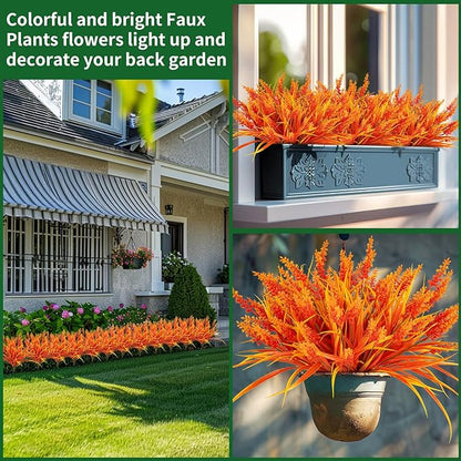 Artificial Fall Flowers for Outdoor Plants 24 Bundles Fake Lavender Plastic Faux Monkey Grass for Verandah Window Garden Office Patio Front Porch UV Resistant for Planter(Autumn Red)