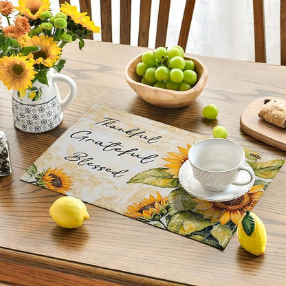 Farmhouse Sunflower Placemats Set of 6, Thankful Grateful Blessed Place Mats, Rustic Bee Dining Table Mats, Washable Placemats for Kitchen Dining Room Home Decor 18L'' × 12W''