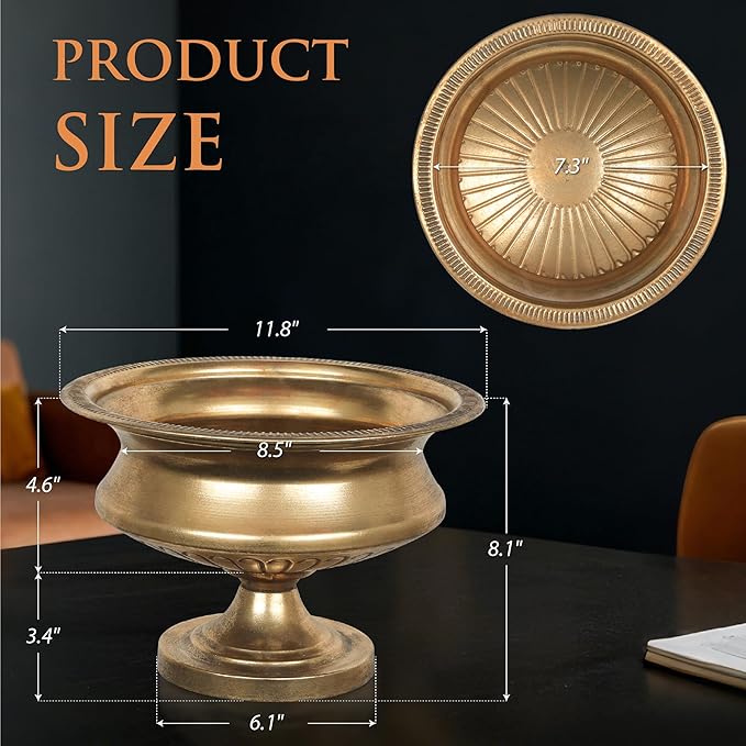 WORTH 8" H. Gold Color Urn Vase for Centerpieces, 11.8" Dia. Classic Metal Trumpet Small Flower Pot for Table, Bowl Vase for Wedding Party Event Home Decor