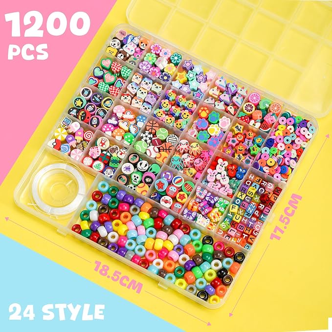 Gionlion 1200 Pcs Polymer Clay Beads Bracelet Making Kit, 25 Style Animal Fruit Flower Butterfly Bunny Pony Letter Beads Charms for Jewelry Making, DIY Art and Crafts Toys Gifts for 4+ Year Old Kids