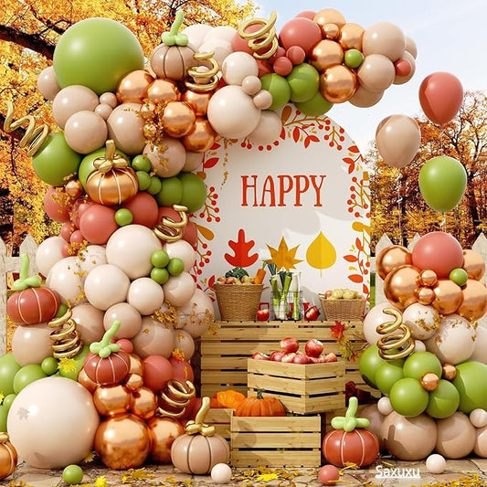 Fall Balloon Garland Arch Kit, Burnt Orange Green Sand Ivory White Metallic Champagne Gold Balloons Garland kit for Thanksgiving Autumn Fall Birthday Baby Shower Party Decorations