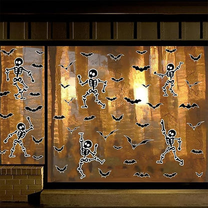 Halloween Wall Decals and Skeleton Window Clings - 6 Sheets 43 Pcs Removable Black Ghost Bat Wall Stickers for Mirrors, Windows, Home Bedroom Party Decor