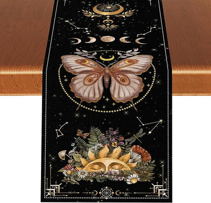 Gothic Moth Table Runner, Boho Gothic Sun Moon Phase Wildflower Mystical Witchy Farmhouse Coffee Table Center Decor for Home Kitchen Dining Patio Holiday Party Table Decorations 13x36 inches