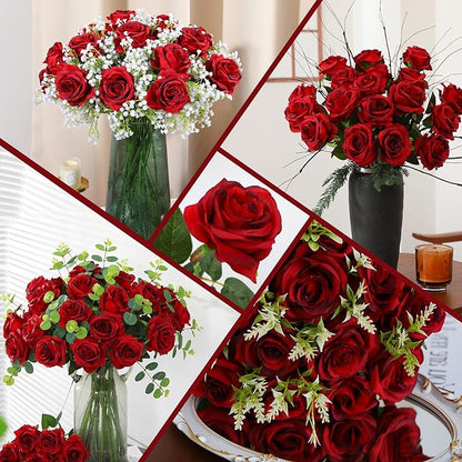 50PCS Artificial Silk Roses in Bulk & Bouquet Long Stem – Realistic Fake Roses for Wedding Centerpieces, Home Decor, Floral Arrangements, Party Decoration (Burgundy)