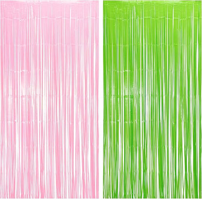 BRAVESHINE Party Streamers Backdrop - 2 Pack 3.2ft X 8.2ft Tinsel Foil Fringe Curtains for Christmas/Fairy/Girl/Birthdays/Wizard/Bridal/Baby Shower/Photos Booths/Pink and Green Party Decorations