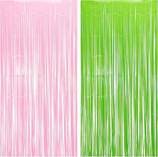 BRAVESHINE Party Streamers Backdrop - 2 Pack 3.2ft X 8.2ft Tinsel Foil Fringe Curtains for Christmas/Fairy/Girl/Birthdays/Wizard/Bridal/Baby Shower/Photos Booths/Pink and Green Party Decorations