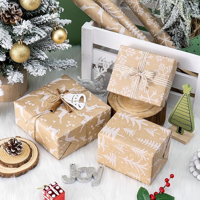 WRAPAHOLIC Kraft Christmas Wrapping Paper Roll - Mini Roll - 3 Rolls - 17 Inch X 120 Inch Per Roll - White Christmas Tree, Reindeer, Snowflake Holiday Collection