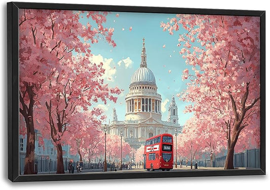 England London Paul’s Cathedral Large Wall Art Cityscape Cherry Blossom Pictures Wall Decor Street Scene Canvas Spring Print Painting Modern Artwork Home Decoration for Living Room Bathroom Bedroom Office Framed 36"x24"