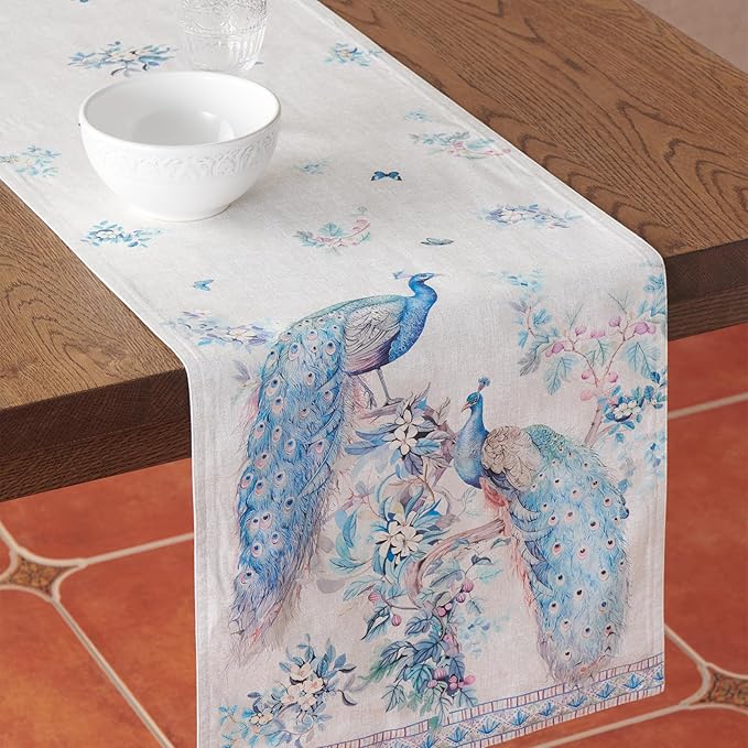 Maison d' Hermine Tablerunner 14.50"x108" 100% Combed Cotton Premium Decorative Runners, Kitchen, Party, Wedding, Restaurant & Camping, Peacock Utopia (Double Layer)