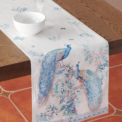 Maison d' Hermine Tablerunner 14.50"x108" 100% Combed Cotton Premium Decorative Runners, Kitchen, Party, Wedding, Restaurant & Camping, Peacock Utopia (Double Layer)