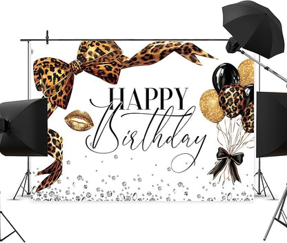 Leopard Print Bow Happy Birthday Backdrop 7Wx5H Photography Coquette Brown White Gold Bowknot Balloons Diamond Bownot Background Girly Party Decorations Banner Photo Booth Props Supplies