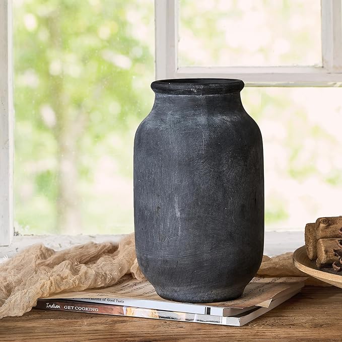 SIDUCAL Rustic Farmhouse Flower Vase | 9.5 Inch Large Ceramic Vase | Pampas Grass | Modern Farmhouse Decor for Home Decor, Table, Living Room Decoration, Shelf Decor, Mantel, Black