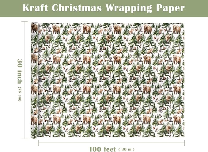 WRAPAHOLIC 30 Inch Jumbo Kraft Christmas Wrapping Paper - 30 Inch x 100 Feet Jumbo Roll White Wild Animal Winterfall Watercolor and Christmas Tree Wrapping Paper Perfect for Holiday, Party