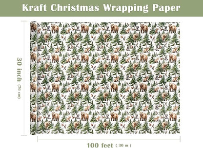 WRAPAHOLIC 30 Inch Jumbo Kraft Christmas Wrapping Paper - 30 Inch x 100 Feet Jumbo Roll White Wild Animal Winterfall Watercolor and Christmas Tree Wrapping Paper Perfect for Holiday, Party