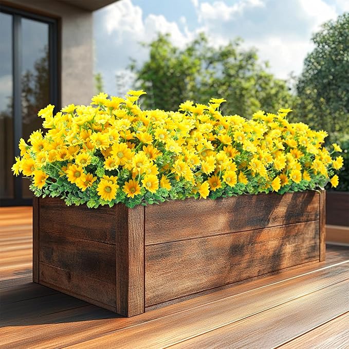 10pcs Outdoors Artificial Mum Flowers UV Resistant Daisy Fake Silk Chrysanthemum Greenery Faux Eucalyptus Plants for Spring Summer Garden Patio Window Box Planter Home Decor(Yellow)
