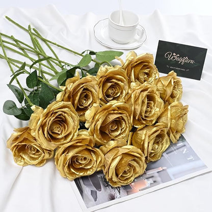 Waipfaru 16 Pcs Fake Gold Roses Artificial Flowers with Long Stems, Rose Bouquet Silk Faux Flowers for Valentines Wedding Party Vase Centerpiece Home Decor (Gold)