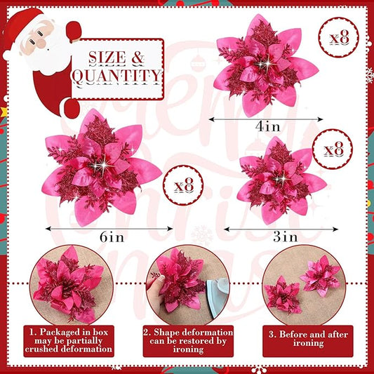 24 Christmas Glitter Artificial Poinsettia Flowers Xmas Poinsettia Artificial Wedding Flowers Decorations Xmas Tree Ornaments with Clips for Party Favors, 6 Inch, 4 Inch, 3 Inch (Fuchsia)