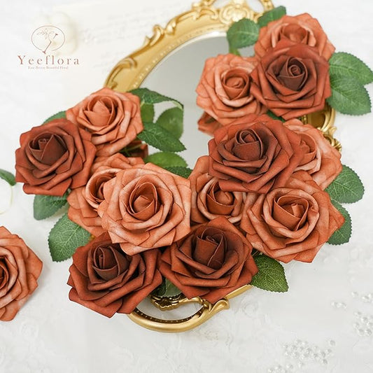 Artificial Flowers, 25pcs Artificial Rose for DIY Wedding Bouquets Centerpieces Arrangements, Shades of Terracotta Foam Roses with Stem for Bridal Shower Party Home Decorations