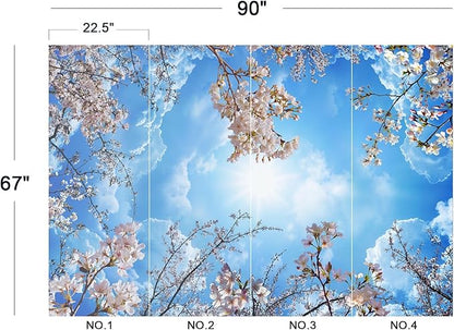 Eierme-Pink Cherry Blossoms and Blue Sky and White Clouds Ceiling Peel and Stick 90" x 67"