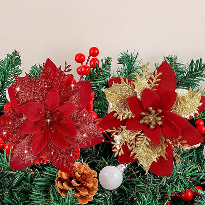 24 PCS Poinsettia Flower Artificial Red Gold Christmas Flowers Artificial 5.5'' Glitter Poinsettias Artificial Christmas Tree Flower With Clips Diy Xmas Wreath Holiday New Year Home Party Decor