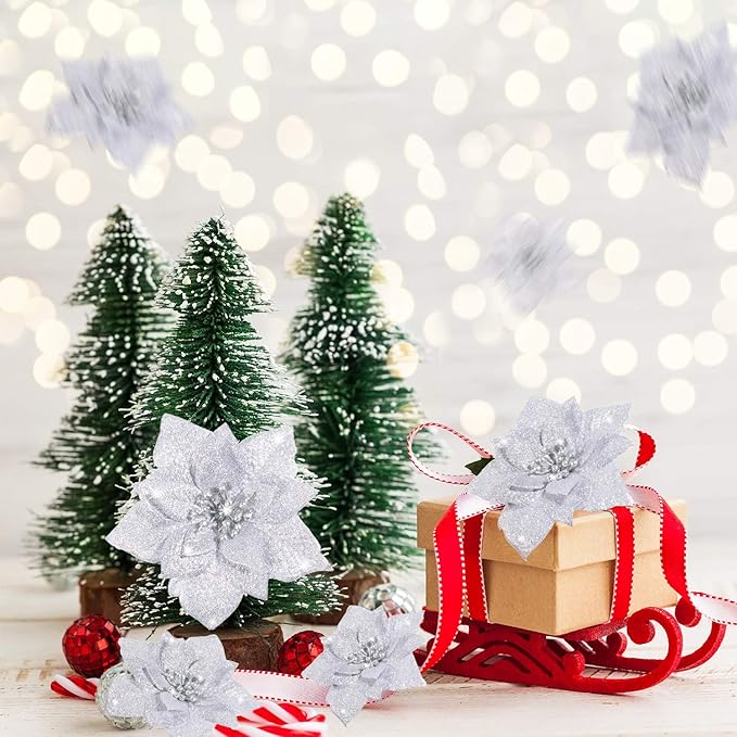 Boao 24 Pieces Glitter Poinsettia Artificial Christmas Flowers Poinsettia Decorations Wedding Christmas Tree Ornaments, 3/4/6 Inches (Silver)