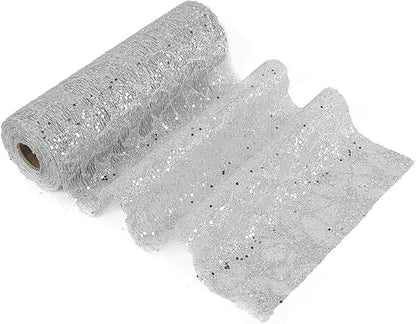 MEEDEE Silver Glitter Mesh Star Web Ribbon 10 Inch Wide by 10 Yards Roll Silver Fabric Ribbon Decorative Mesh Ribbon for Christmas Tree, Garland, Holiday Wreaths, Bows