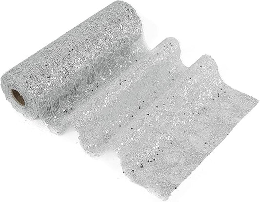 MEEDEE Silver Glitter Mesh Star Web Ribbon 10 Inch Wide by 10 Yards Roll Silver Fabric Ribbon Decorative Mesh Ribbon for Christmas Tree, Garland, Holiday Wreaths, Bows