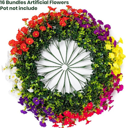 Artificial Faux Flowers for Outdoor 16 Bundles Boxwood Fake Morning Glory for Planter,UV Resistant Fake Flowers for Home Porch Patio Outside（7 Color）