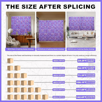 Artificial Flower Wall Backdrop 16pcs 16.5x16.5 Inch Silk Rose Artificial Floral Wall Panel Ideal for Wedding Celebrations, Festive Party Backdrops, and Elegant Home Decor-Purple