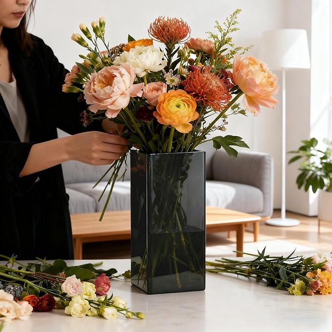Acrylic Square Flower Vase, Non-breakable Vase, 4" x 4" x 8" Tall Grey Vases for Flower, Large Cube Floral Plant Container, Planter Terrarium for Wedding Party Event, Home Office Decor
