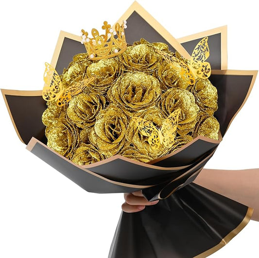 Waipfaru Glitter Roses Bouquet, DIY Fake Flowers Bouquet, Birthday Gifts for Women Mom, 24 Pcs Gold Rose for Grandma Wife Girlfriend Valentines, Mothers Day, Anniversary, Graduation