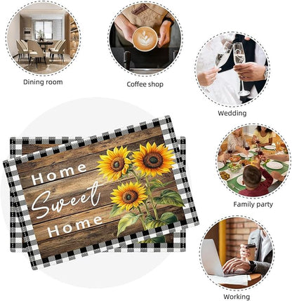Farmhouse Sunflower Placemats Set of 4, Home Sweet Home Place Mats, Rustic Dining Table Mats, Washable Placemats for Kitchen Dining Room Home Decor 18L'' × 12W''