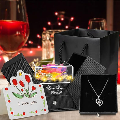 Preserved Color Real Rose Eternal Flowers Rose Gifts for Mom Grandma Wife Girlfriend Gifts for Her Christmas Birthday Anniversary with I Love You Necklace