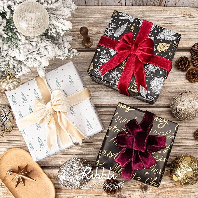 Ribbli Ivory Velvet Wired Ribbon 1 Inch Velvet with Satin Christmas Ribbon for Gift Wrapping Christmas Tree Decoration Crafts Wreaths Supplies-Continuous 10 Yards