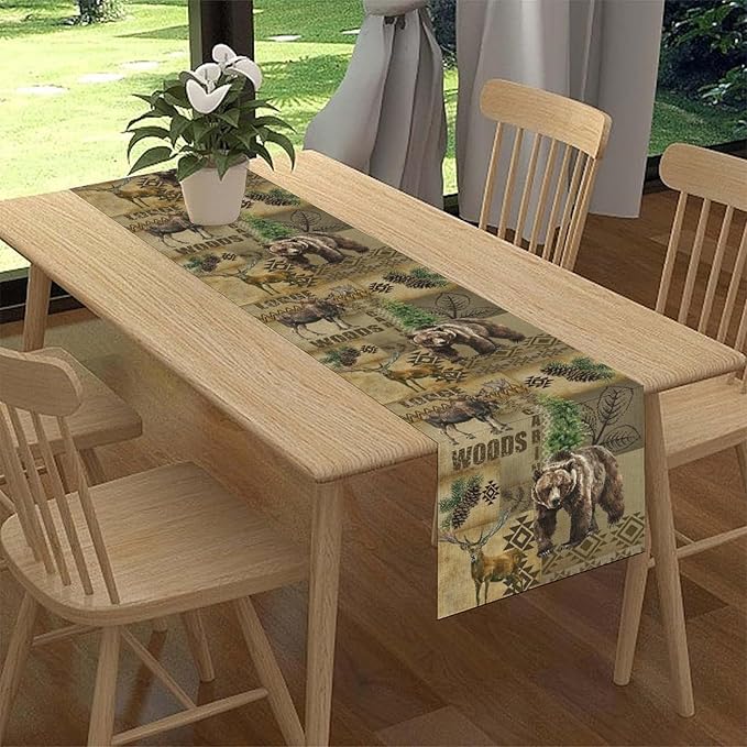 Rustic Cabin Table Runner, Farmhouse Deer Bear Retro Pine Forest Native Aztec Wild Animal Seasonal Coffee Table Center Decor for Home Kitchen Dining Patio Holiday Party Table Decorations 13x90 inches