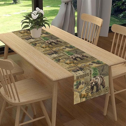 Rustic Cabin Table Runner, Farmhouse Deer Bear Retro Pine Forest Native Aztec Wild Animal Seasonal Coffee Table Center Decor for Home Kitchen Dining Patio Holiday Party Table Decorations 13x36 inches
