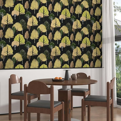 Forest Wallpaper Peel and Stick, Back/Green/Yelllow Trees Contact Paper,Abstract Woodland Landscape Wall Mural Self Adhesive Waterproof Removable for Bathroom Shelves Cabinet Drawer Table 17.5" x 118"