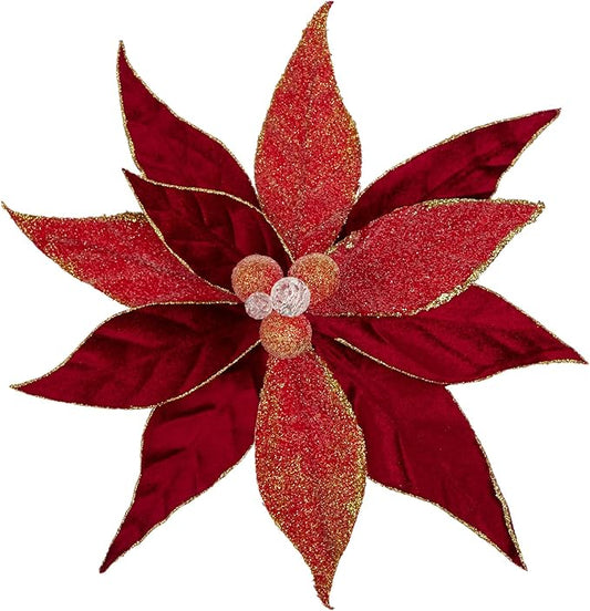 Hollyone 3PCS Poinsettia Christmas Flowers Artificial 11" Large Velvet Red Glitter Poinsettia Flowers Christmas Tree Ornaments Floral Picks for Tree Wreath Garland Vase Table Centerpiece Home Decor