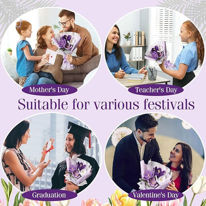Crochet Flowers Bouquet Gift Christmas Crochet Flower Tulips Completed Handmade Knitted Bouquet with Card for Women Girlfriend Lover Appreciation Gift Birthday Wedding Teacher Decor(Purple)