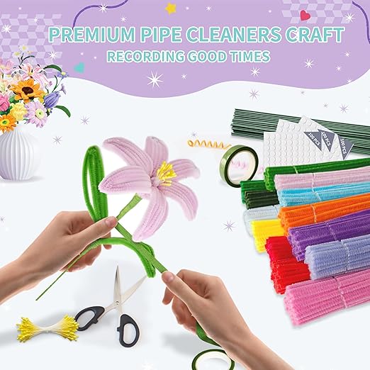 572 PCS Pipe Cleaners Flower Kit, 13 Colors Chenille Stems with Floral Wires, Stamen, Tapes, Dot Glue, Instruction & Gift Box – DIY Craft Set for Handmade Bouquets