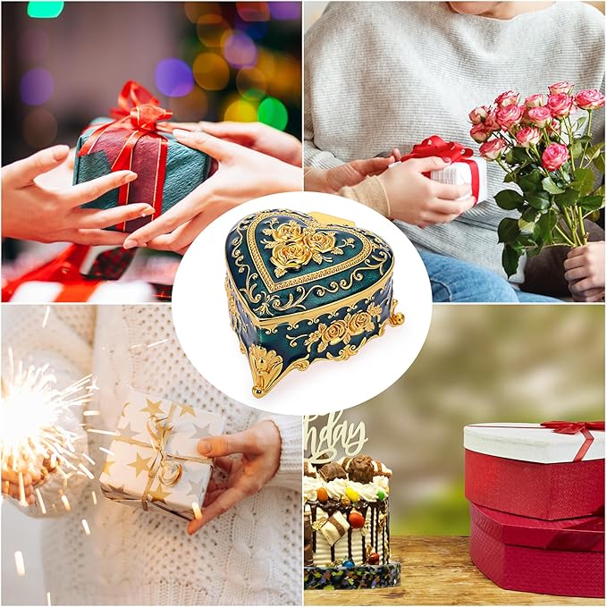 Hipiwe Vintage Metal Jewelry Box - Heart Shape Trinket Box Ring Case with Rose Pattern Jewelry Storage Box for Ring Earrings Necklace, Keepsake Box for Women, Blue