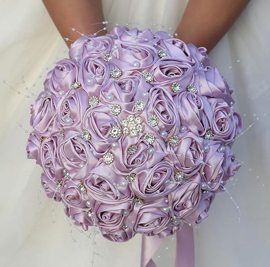Bridal Wedding Bouquet Round Bling Brooch Bouquet Throw Toss Artificial Rose Flower Bunch for Bride Bridesmaid Wedding Quinceanera(Light Taro Purple, 7.5")