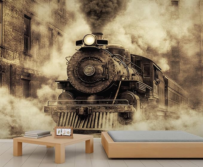 Vintage Steam Train Wall Mural, Industrial Train Engine 3D Wall Murals, Retro Railway Steam Engine Wallpaper Mural, for Living Room Bedroom Large Wallpaper Indoor Decor 177.16" W x120 H