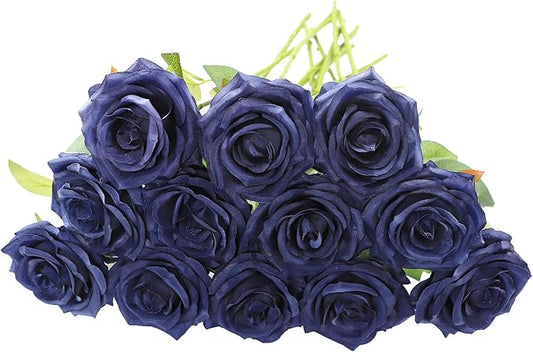 Artificial Rose Flower 12Pcs Navy Blue Rose Fake Rose Silk Rose Real Looking Fake Flowers with Stems for DIY Wedding Bouquets Tables Centerpieces Floral Arrangements Festival Decoration