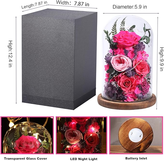 Flowers for Delivery Preserved Flowers Rose in Glass Dome,Reddish Rose Forever Flowers Birthday Gifts for Women Mom Grandma Friend Gifts for Her,Home Decor