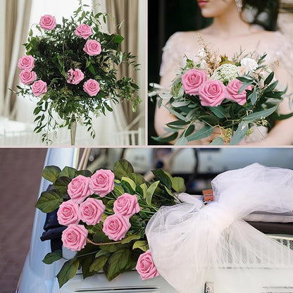 Artificial Flowers Dark Pink Roses 100PCS Real Looking Foam Fake Roses with Leaves and for DIY Wedding Bouquets Bridal Shower Centerpieces Party Decorations (Dark Pink, 100)