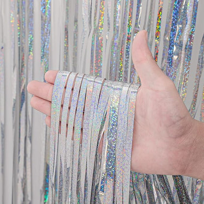 3 Pack 3.3x8.2 Feet Laser Silver Foil Fringe Backdrop Curtains, Tinsel Streamers Birthday Party Decorations, Fringe Backdrop for Graduation, Baby Shower, Gender Reveal, Disco Party