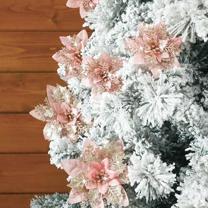 Geosar 36 Pcs Christmas Glitter Artificial Poinsettia Flowers Xmas Poinsettia Artificial Wedding Flowers Decorations Xmas Tree Ornaments with Clips for Party, 6 Inch, 4 Inch, 3 Inch(Rose Gold)