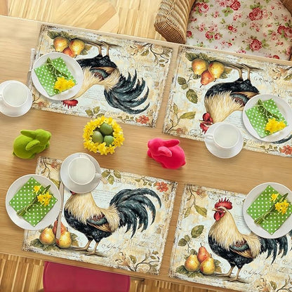 Farmhouse Rooster Placemats Set of 6, Rustic Chicken Place Mats, Pear Dining Table Mats, Washable Placemats for Kitchen Dining Room Home Decor 18L'' × 12W''